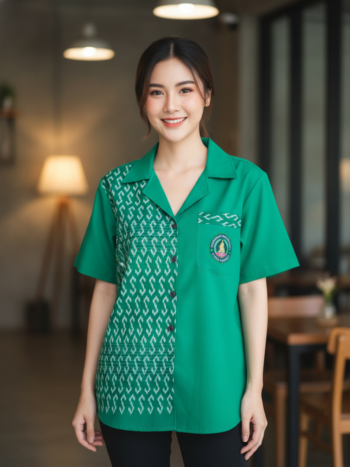 ออกแบบเสื้อทีมผ้าไทย รับผลิตเสื้อทีมผ้าไทย ทรงฮาวาย ด้านหน้า