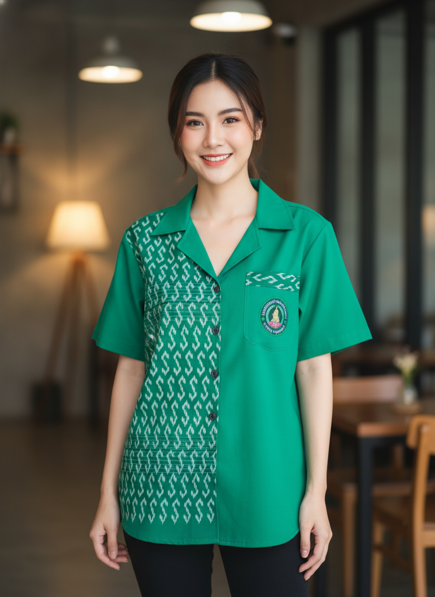 ออกแบบเสื้อทีมผ้าไทย รับผลิตเสื้อทีมผ้าไทย ทรงฮาวาย ด้านหน้า ออกแบบเสื้อทีมผ้าไทย รับผลิตเสื้อทีมผ้าไทย ทรงฮาวาย ด้านหน้า