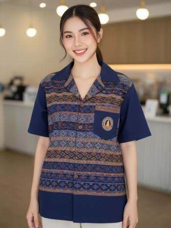 ออกแบบเสื้อทีมผ้าไทย รับผลิตเสื้อทีมผ้าไทย ทรงฮาวาย ด้านหน้า