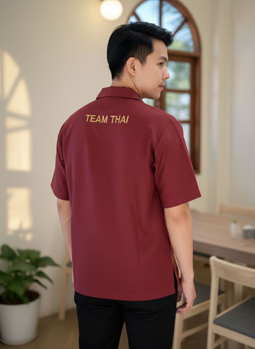 เสื้อทีมผ้าไทย ลายมัดหมี่ ด้านหลัง เสื้อทีมผ้าไทย ลายมัดหมี่ ด้านหลัง