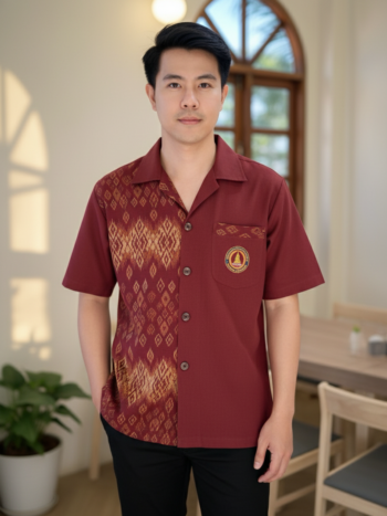 ออกแบบเสื้อทีมผ้าไทย รับผลิตเสื้อทีมผ้าไทย ทรงฮาวาย ด้านหน้า