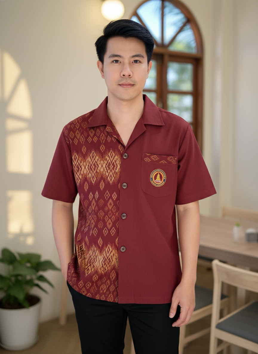 ออกแบบเสื้อทีมผ้าไทย รับผลิตเสื้อทีมผ้าไทย ทรงฮาวาย ด้านหน้า ออกแบบเสื้อทีมผ้าไทย รับผลิตเสื้อทีมผ้าไทย ทรงฮาวาย ด้านหน้า