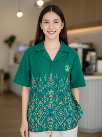 ออกแบบเสื้อทีมผ้าไทย รับผลิตเสื้อทีมผ้าไทย ทรงฮาวาย ด้านหน้า