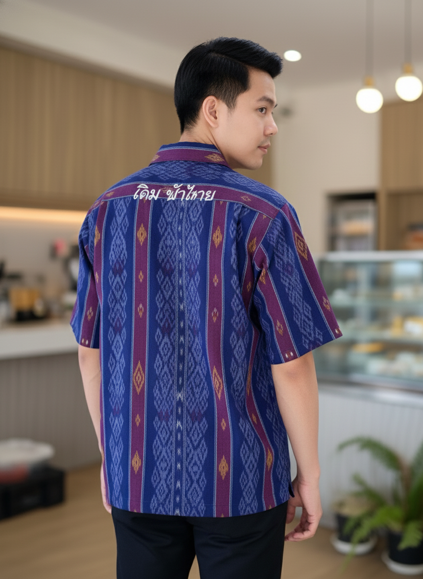 เสื้อทีมผ้าไทย ลายมัดหมี่ ด้านหลัง เสื้อทีมผ้าไทย ลายมัดหมี่ ด้านหลัง