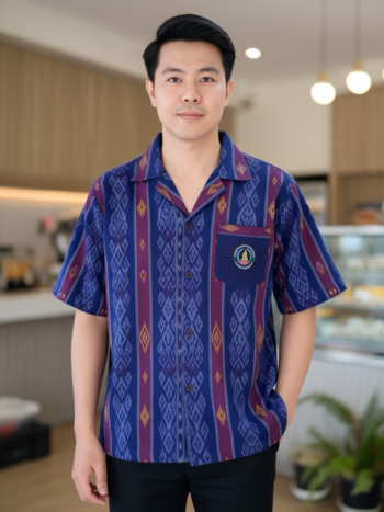 ออกแบบเสื้อทีมผ้าไทย รับผลิตเสื้อทีมผ้าไทย ทรงฮาวาย ด้านหน้า