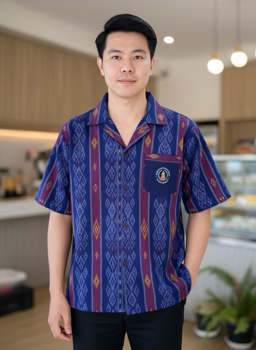 ออกแบบเสื้อทีมผ้าไทย รับผลิตเสื้อทีมผ้าไทย ทรงฮาวาย ด้านหน้า ออกแบบเสื้อทีมผ้าไทย รับผลิตเสื้อทีมผ้าไทย ทรงฮาวาย ด้านหน้า