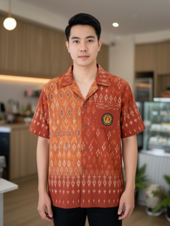 ออกแบบเสื้อทีมผ้าไทย รับผลิตเสื้อทีมผ้าไทย ทรงฮาวาย ด้านหน้า