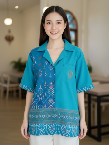ออกแบบเสื้อทีมผ้าไทย รับผลิตเสื้อทีมผ้าไทย ทรงฮาวาย ด้านหน้า