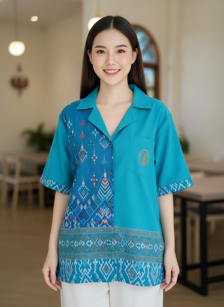 ออกแบบเสื้อทีมผ้าไทย รับผลิตเสื้อทีมผ้าไทย ทรงฮาวาย ด้านหน้า ออกแบบเสื้อทีมผ้าไทย รับผลิตเสื้อทีมผ้าไทย ทรงฮาวาย ด้านหน้า