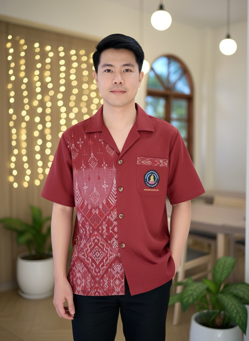 ออกแบบเสื้อทีมผ้าไทย รับผลิตเสื้อทีมผ้าไทย ทรงฮาวาย ด้านหน้า ออกแบบเสื้อทีมผ้าไทย รับผลิตเสื้อทีมผ้าไทย ทรงฮาวาย ด้านหน้า
