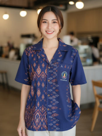 ออกแบบเสื้อทีมผ้าไทย รับผลิตเสื้อทีมผ้าไทย ทรงฮาวาย ด้านหน้า