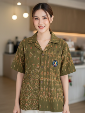 ออกแบบเสื้อทีมผ้าไทย รับผลิตเสื้อทีมผ้าไทย ทรงฮาวาย ด้านหน้า