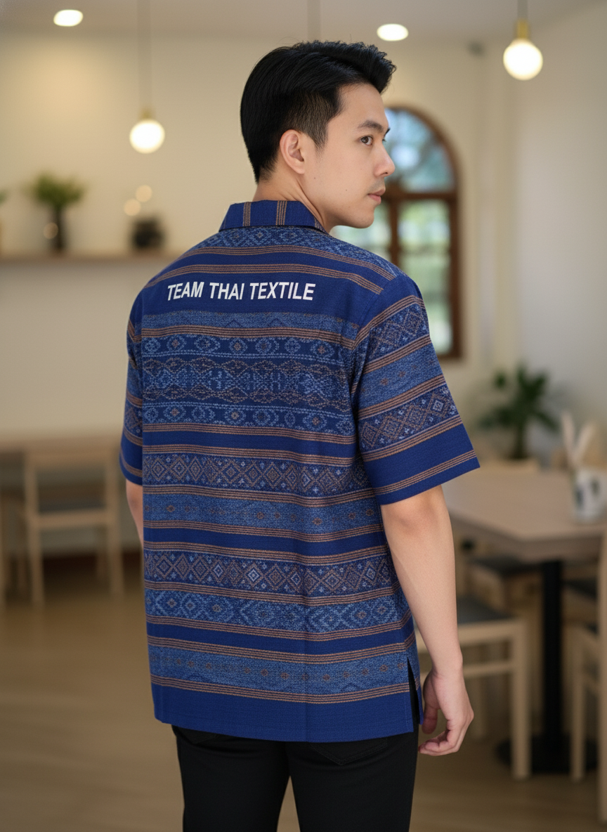 เสื้อทีมผ้าไทย ลายมัดหมี่ ด้านหลัง เสื้อทีมผ้าไทย ลายมัดหมี่ ด้านหลัง