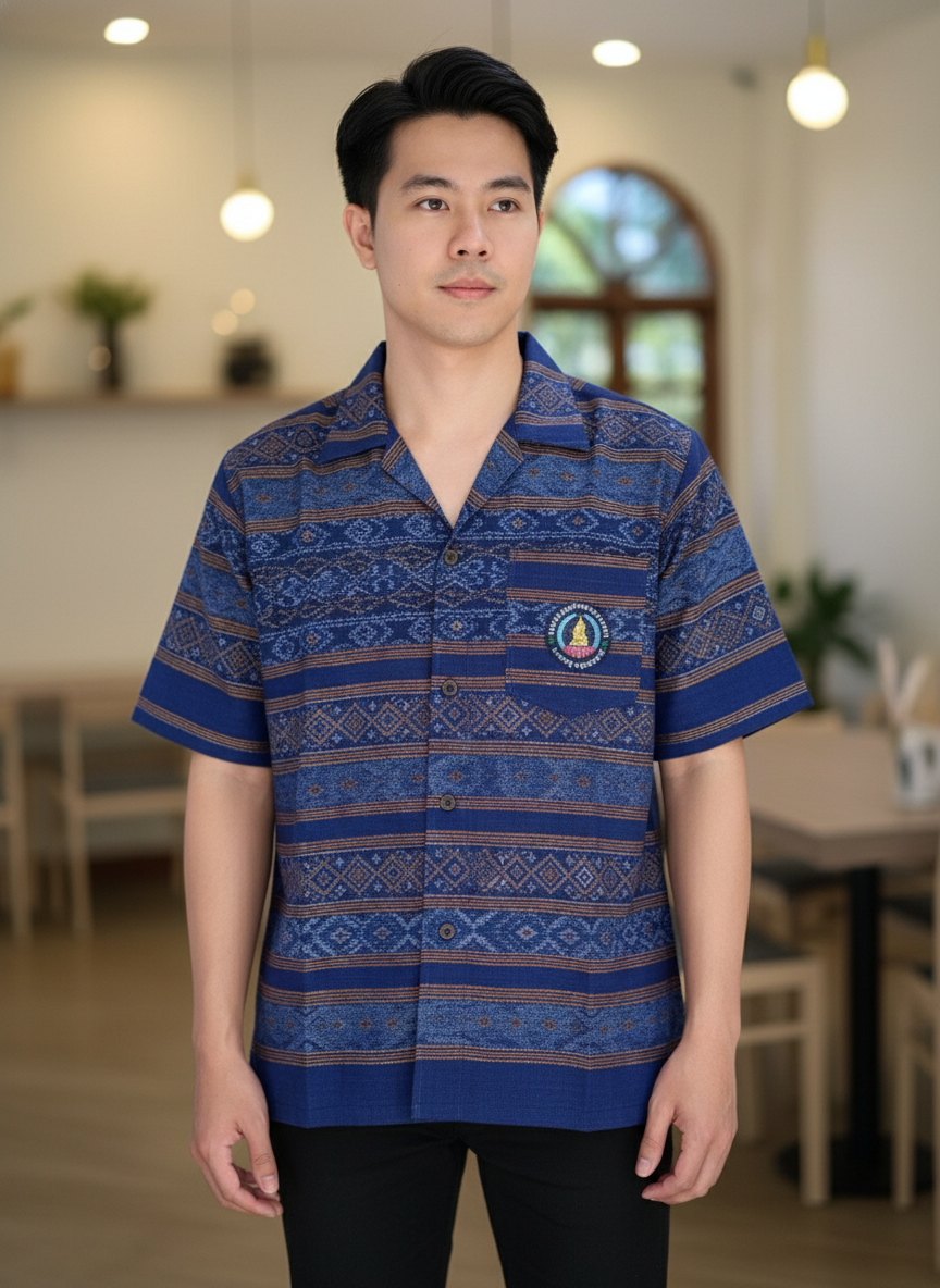 ออกแบบเสื้อทีมผ้าไทย รับผลิตเสื้อทีมผ้าไทย ทรงฮาวาย ด้านหน้า ออกแบบเสื้อทีมผ้าไทย รับผลิตเสื้อทีมผ้าไทย ทรงฮาวาย ด้านหน้า
