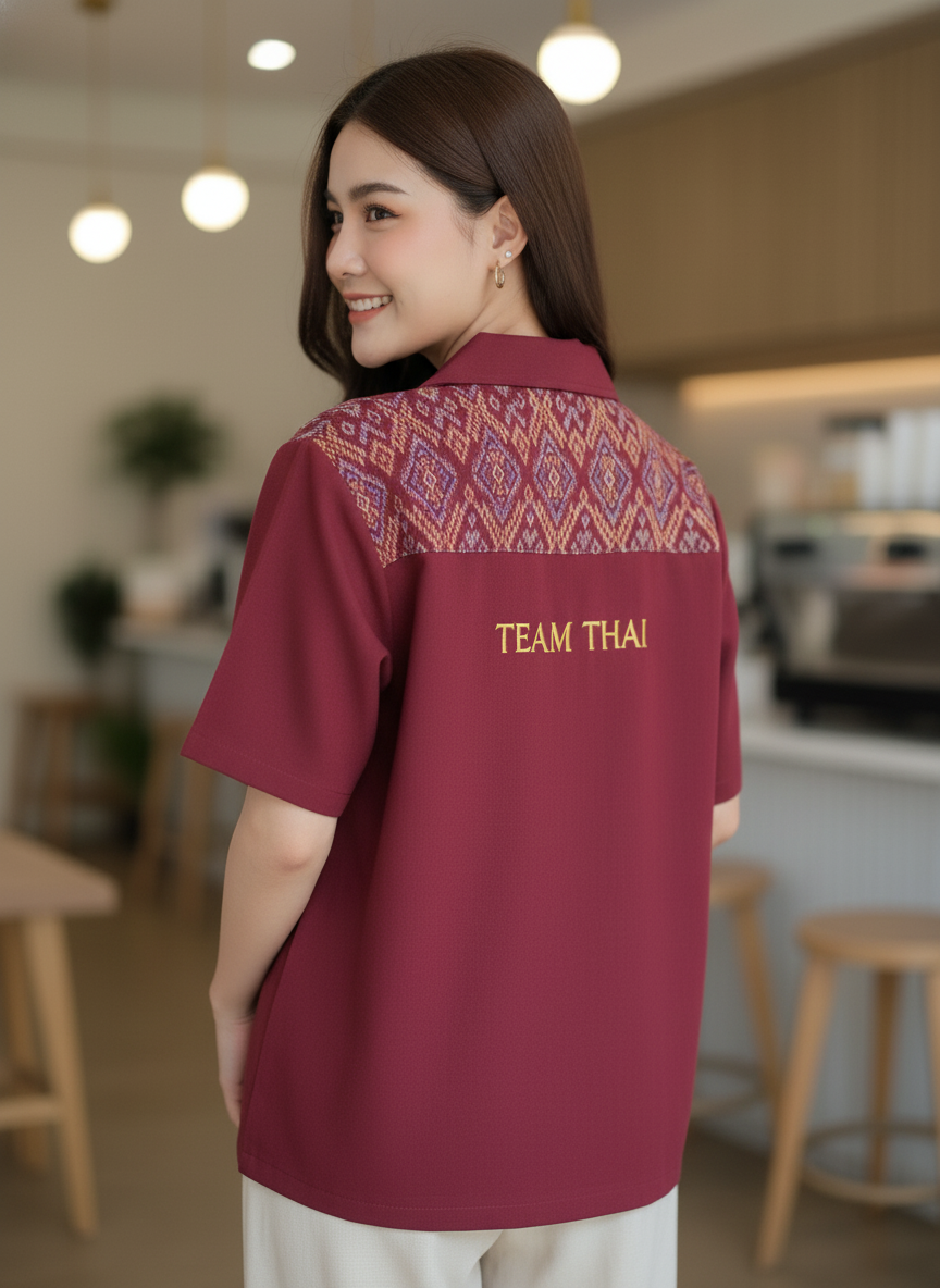เสื้อทีมผ้าไทย ลายมัดหมี่ ด้านหลัง เสื้อทีมผ้าไทย ลายมัดหมี่ ด้านหลัง