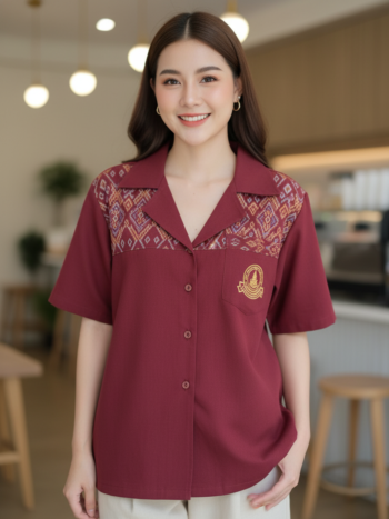 ออกแบบเสื้อทีมผ้าไทย รับผลิตเสื้อทีมผ้าไทย ทรงฮาวาย ด้านหน้า