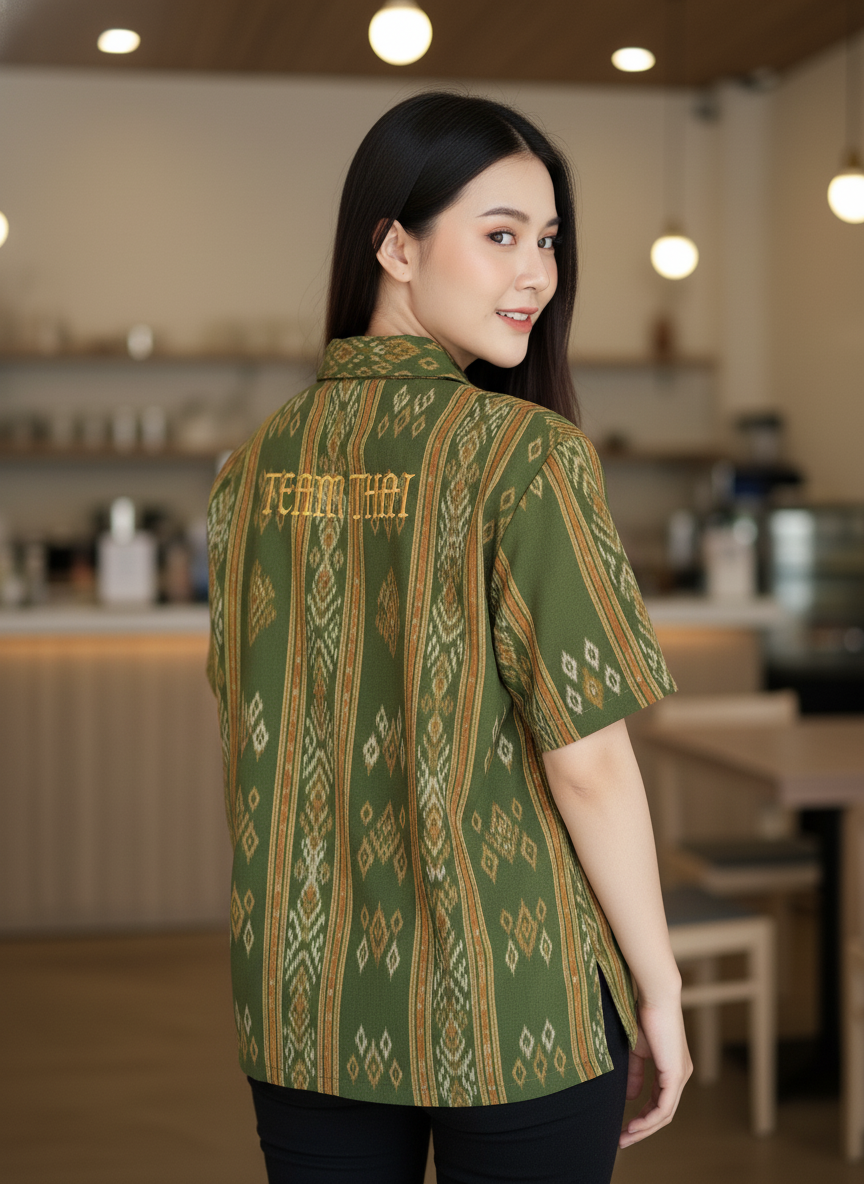 เสื้อทีมผ้าไทย ลายมัดหมี่ ด้านหลัง เสื้อทีมผ้าไทย ลายมัดหมี่ ด้านหลัง