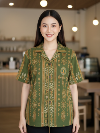 ออกแบบเสื้อทีมผ้าไทย รับผลิตเสื้อทีมผ้าไทย ทรงฮาวาย ด้านหน้า