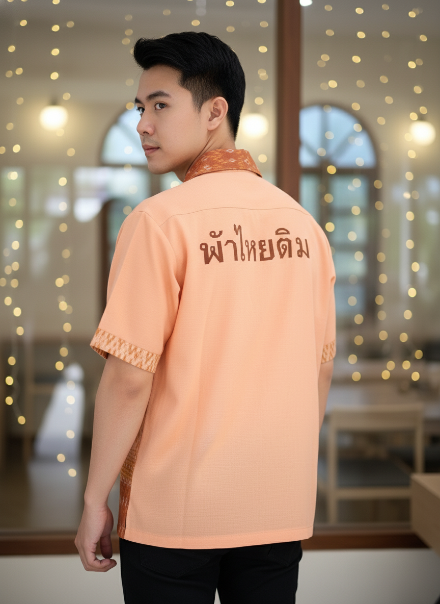 เสื้อทีมผ้าไทย ลายมัดหมี่ ด้านหลัง เสื้อทีมผ้าไทย ลายมัดหมี่ ด้านหลัง