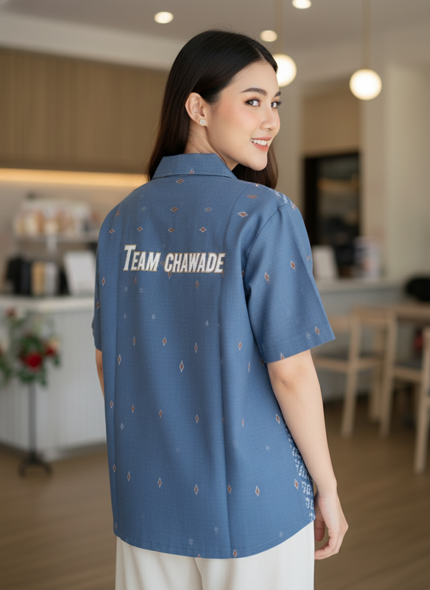 เสื้อทีมผ้าไทย ลายมัดหมี่ ด้านหลัง เสื้อทีมผ้าไทย ลายมัดหมี่ ด้านหลัง