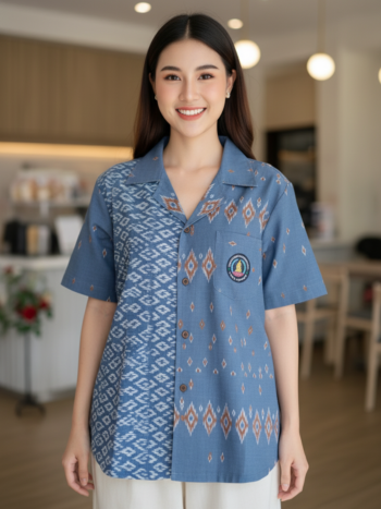 ออกแบบเสื้อทีมผ้าไทย รับผลิตเสื้อทีมผ้าไทย ทรงฮาวาย ด้านหน้า