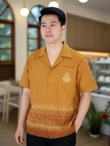 ออกแบบเสื้อทีมผ้าไทย รับผลิตเสื้อทีมผ้าไทย ทรงฮาวาย ด้านหน้า