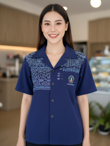 ออกแบบเสื้อทีมผ้าไทย รับผลิตเสื้อทีมผ้าไทย ทรงฮาวาย ด้านหน้า