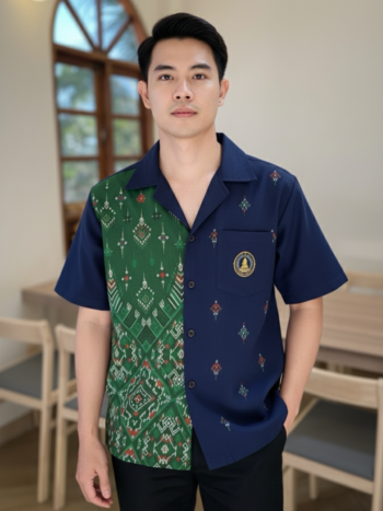 ออกแบบเสื้อทีมผ้าไทย รับผลิตเสื้อทีมผ้าไทย ทรงฮาวาย ด้านหน้า