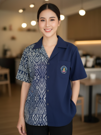 ออกแบบเสื้อทีมผ้าไทย รับผลิตเสื้อทีมผ้าไทย ทรงฮาวาย ด้านหน้า