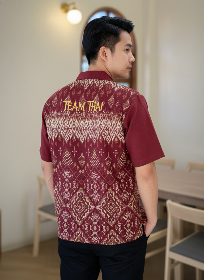 เสื้อทีมผ้าไทย ลายมัดหมี่ ด้านหลัง เสื้อทีมผ้าไทย ลายมัดหมี่ ด้านหลัง