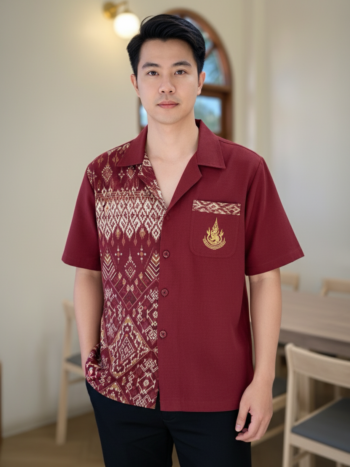 ออกแบบเสื้อทีมผ้าไทย รับผลิตเสื้อทีมผ้าไทย ทรงฮาวาย ด้านหน้า