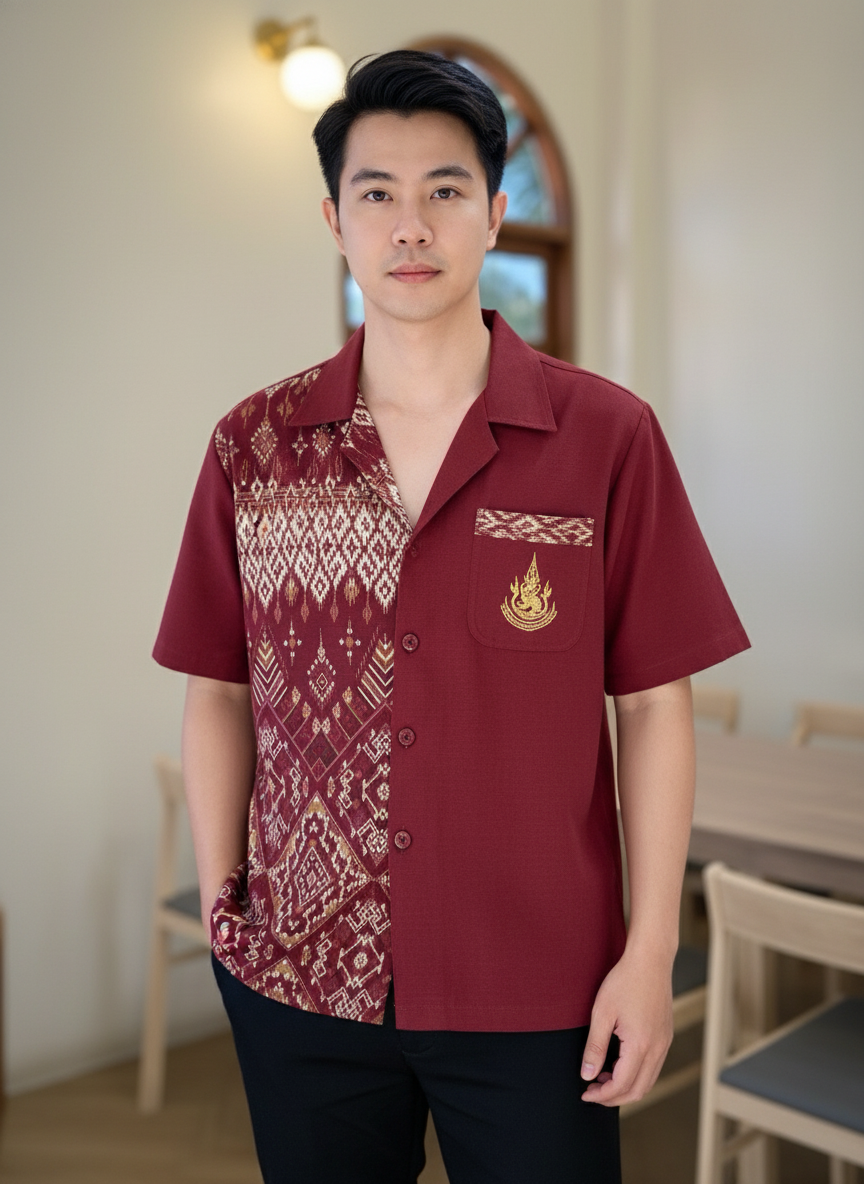 ออกแบบเสื้อทีมผ้าไทย รับผลิตเสื้อทีมผ้าไทย ทรงฮาวาย ด้านหน้า ออกแบบเสื้อทีมผ้าไทย รับผลิตเสื้อทีมผ้าไทย ทรงฮาวาย ด้านหน้า