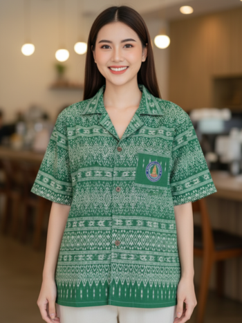 ออกแบบเสื้อทีมผ้าไทย รับผลิตเสื้อทีมผ้าไทย ทรงฮาวาย ด้านหน้า