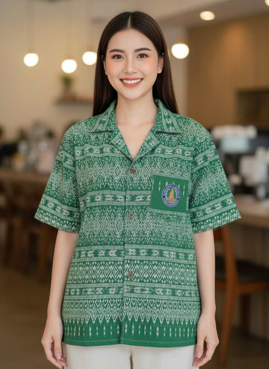 ออกแบบเสื้อทีมผ้าไทย รับผลิตเสื้อทีมผ้าไทย ทรงฮาวาย ด้านหน้า ออกแบบเสื้อทีมผ้าไทย รับผลิตเสื้อทีมผ้าไทย ทรงฮาวาย ด้านหน้า