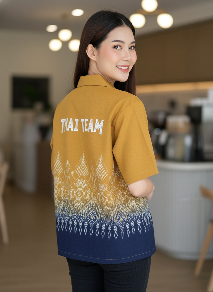 เสื้อทีมผ้าไทย ลายมัดหมี่ ด้านหลัง เสื้อทีมผ้าไทย ลายมัดหมี่ ด้านหลัง