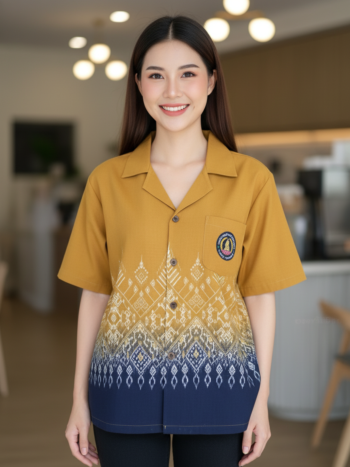 ออกแบบเสื้อทีมผ้าไทย รับผลิตเสื้อทีมผ้าไทย ทรงฮาวาย ด้านหน้า