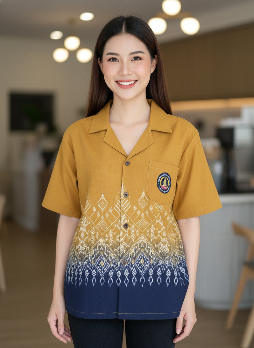 ออกแบบเสื้อทีมผ้าไทย รับผลิตเสื้อทีมผ้าไทย ทรงฮาวาย ด้านหน้า ออกแบบเสื้อทีมผ้าไทย รับผลิตเสื้อทีมผ้าไทย ทรงฮาวาย ด้านหน้า