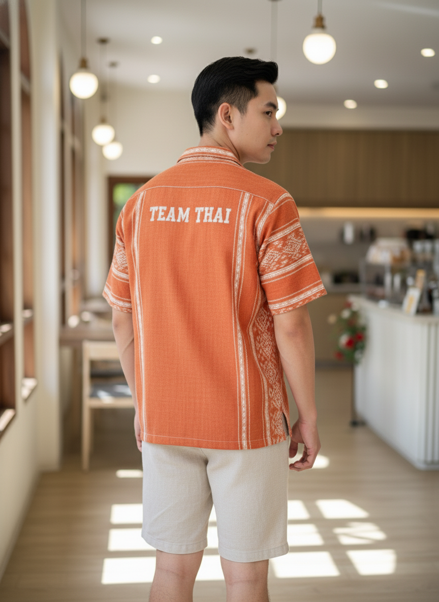 เสื้อทีมผ้าไทย ลายมัดหมี่ ด้านหลัง เสื้อทีมผ้าไทย ลายมัดหมี่ ด้านหลัง