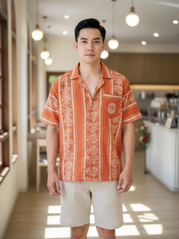 ออกแบบเสื้อทีมผ้าไทย รับผลิตเสื้อทีมผ้าไทย ทรงฮาวาย ด้านหน้า