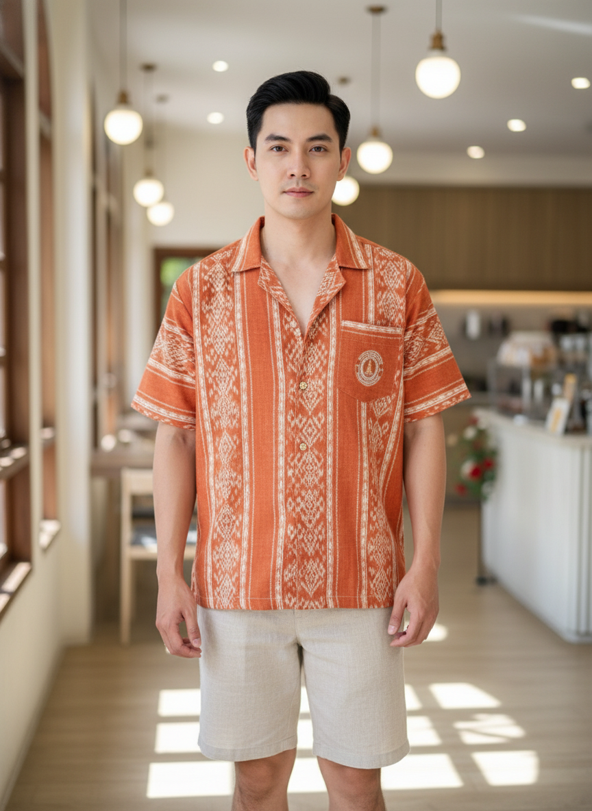 ออกแบบเสื้อทีมผ้าไทย รับผลิตเสื้อทีมผ้าไทย ทรงฮาวาย ด้านหน้า ออกแบบเสื้อทีมผ้าไทย รับผลิตเสื้อทีมผ้าไทย ทรงฮาวาย ด้านหน้า
