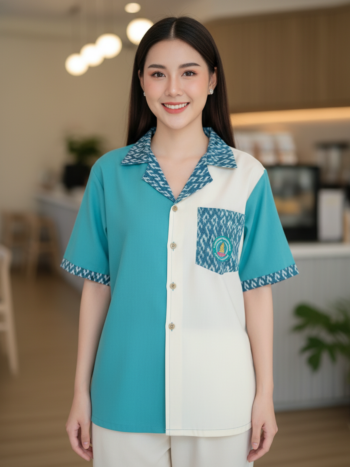 ออกแบบเสื้อทีมผ้าไทย รับผลิตเสื้อทีมผ้าไทย ทรงฮาวาย ด้านหน้า
