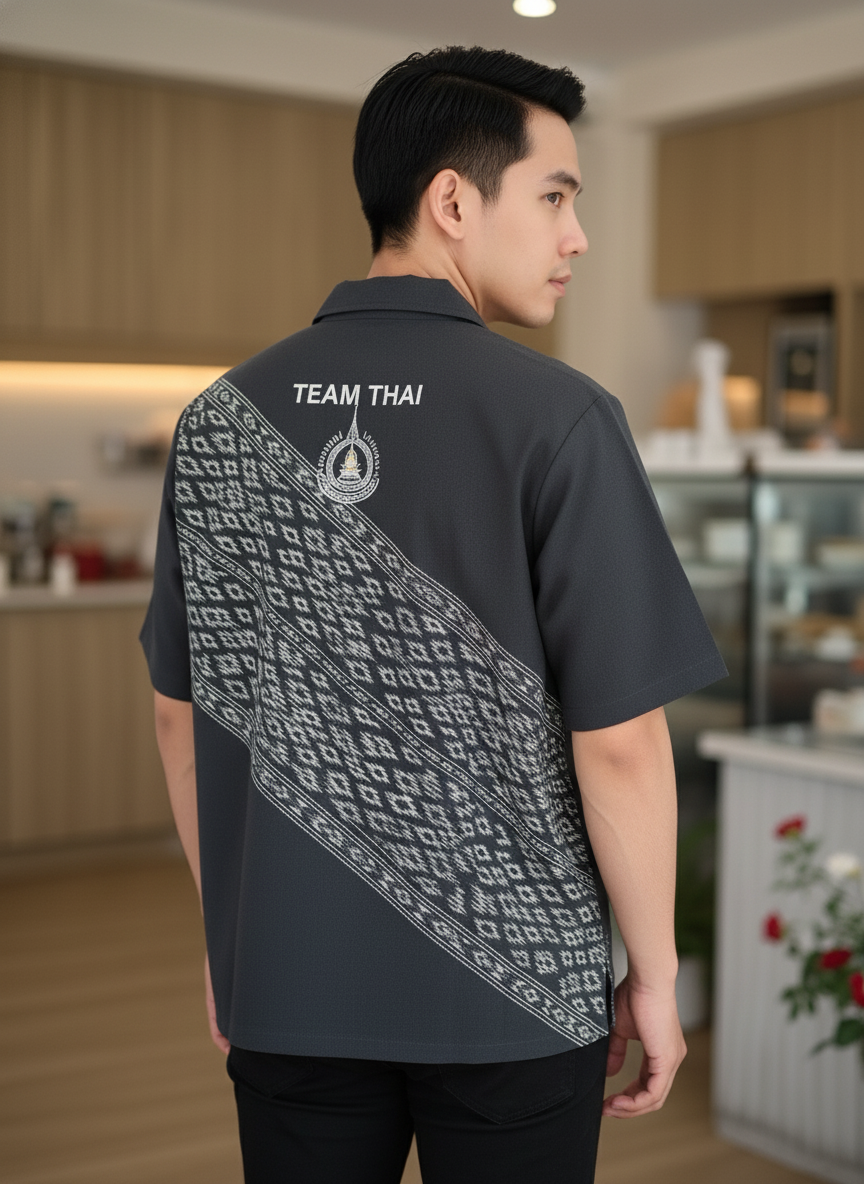 เสื้อทีมผ้าไทย ลายมัดหมี่ ด้านหลัง เสื้อทีมผ้าไทย ลายมัดหมี่ ด้านหลัง