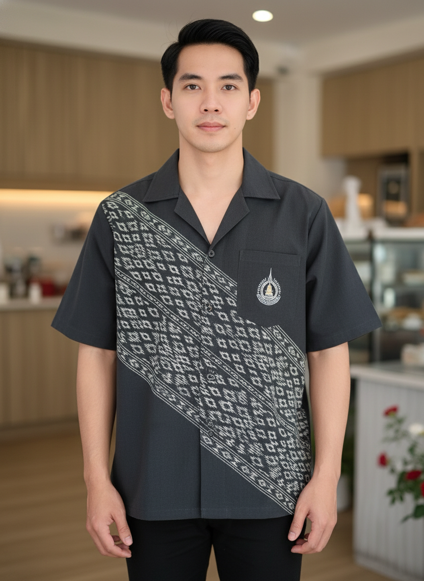 ออกแบบเสื้อทีมผ้าไทย รับผลิตเสื้อทีมผ้าไทย ทรงฮาวาย ด้านหน้า ออกแบบเสื้อทีมผ้าไทย รับผลิตเสื้อทีมผ้าไทย ทรงฮาวาย ด้านหน้า