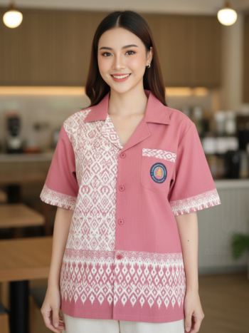ออกแบบเสื้อทีมผ้าไทย รับผลิตเสื้อทีมผ้าไทย ทรงฮาวาย ด้านหน้า