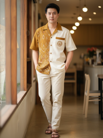 ออกแบบเสื้อทีมผ้าไทย รับผลิตเสื้อทีมผ้าไทย ทรงฮาวาย ด้านหน้า