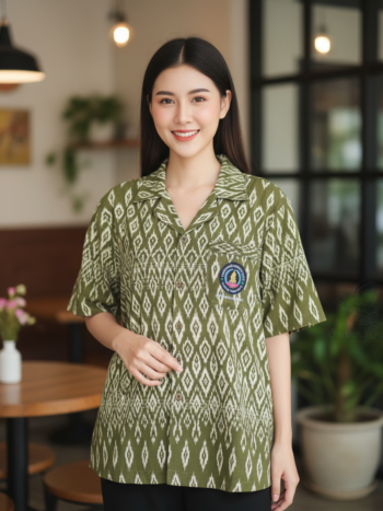 ออกแบบเสื้อทีมผ้าไทย รับผลิตเสื้อทีมผ้าไทย ทรงฮาวาย ด้านหน้า