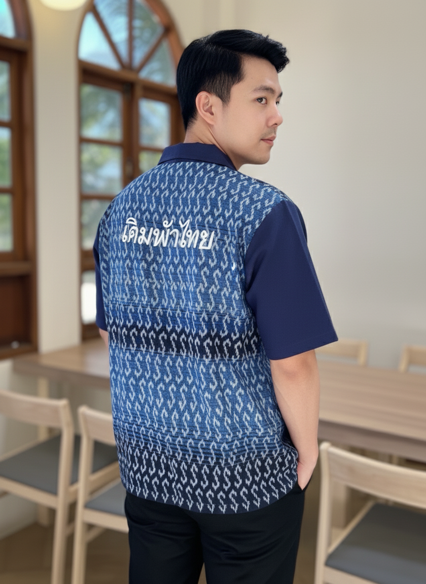 เสื้อทีมผ้าไทย ลายมัดหมี่ ด้านหลัง เสื้อทีมผ้าไทย ลายมัดหมี่ ด้านหลัง