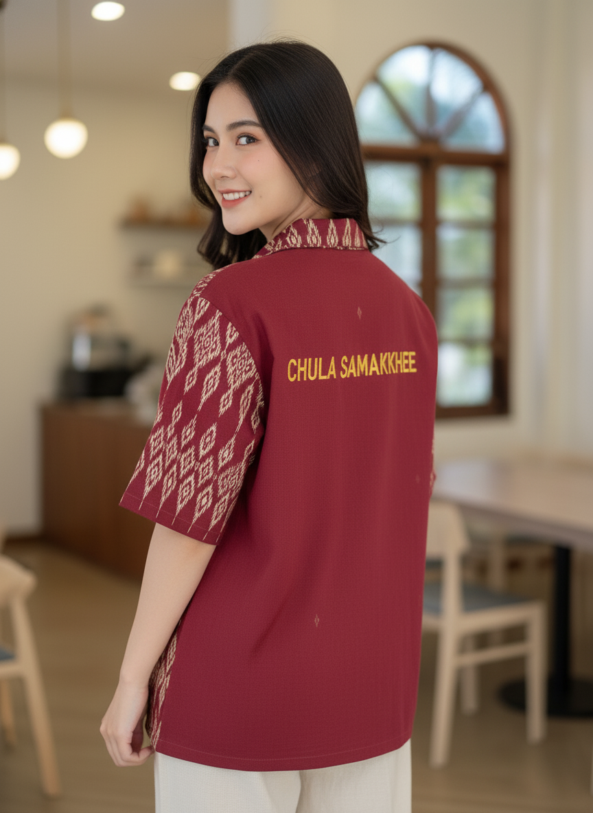 เสื้อทีมผ้าไทย ลายมัดหมี่ ด้านหลัง เสื้อทีมผ้าไทย ลายมัดหมี่ ด้านหลัง