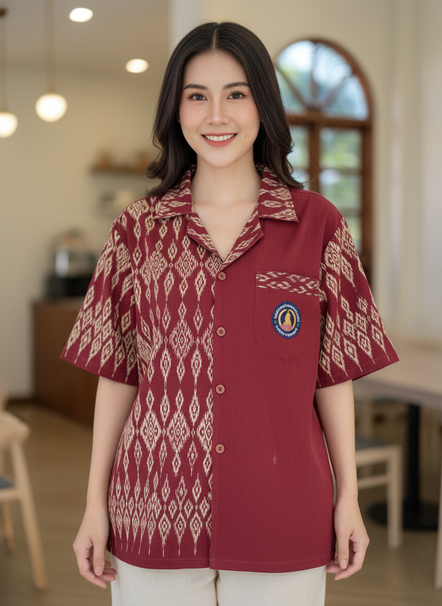 ออกแบบเสื้อทีมผ้าไทย รับผลิตเสื้อทีมผ้าไทย ทรงฮาวาย ด้านหน้า ออกแบบเสื้อทีมผ้าไทย รับผลิตเสื้อทีมผ้าไทย ทรงฮาวาย ด้านหน้า