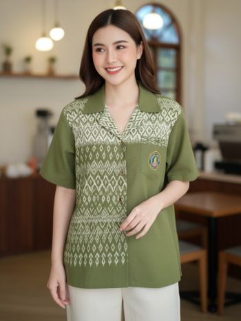 ออกแบบเสื้อทีมผ้าไทย รับผลิตเสื้อทีมผ้าไทย ทรงฮาวาย ด้านหน้า